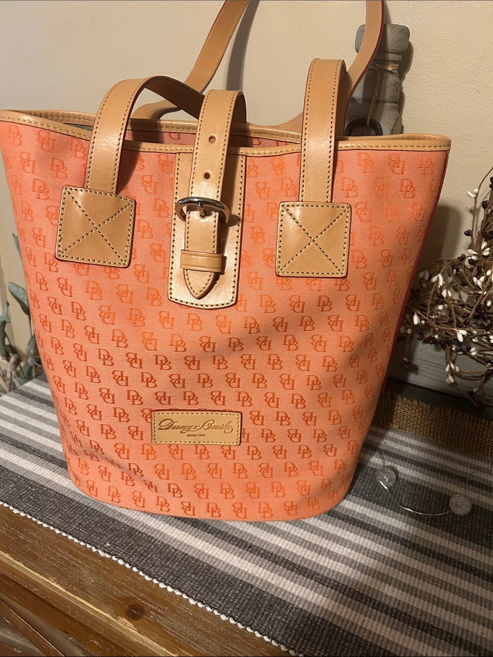 Dooney & Bourke Coral Orange Monogram Tote with Leather Trim